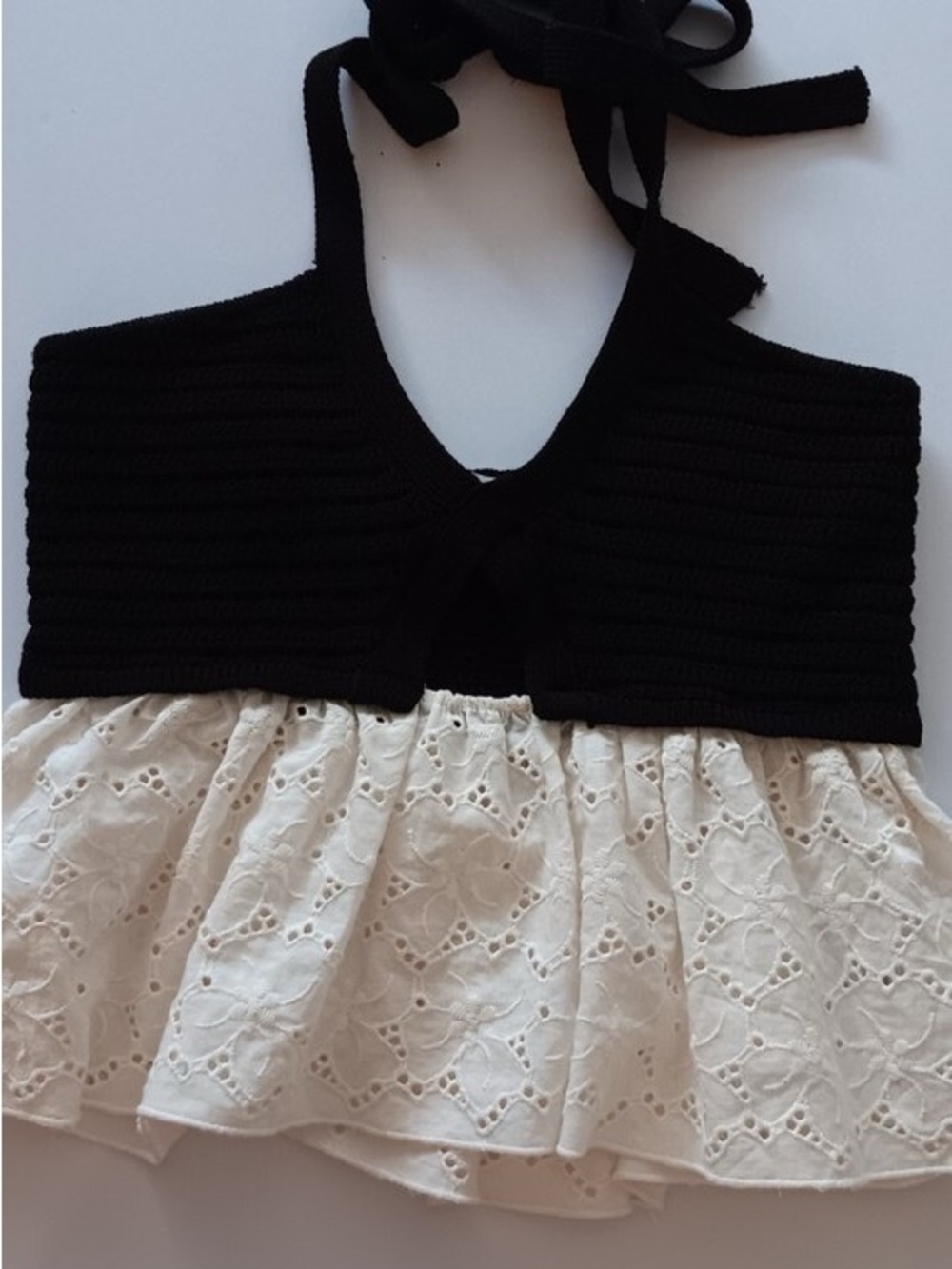 Zara Black Knit Halter Top with Cream Eyelet Peplum
